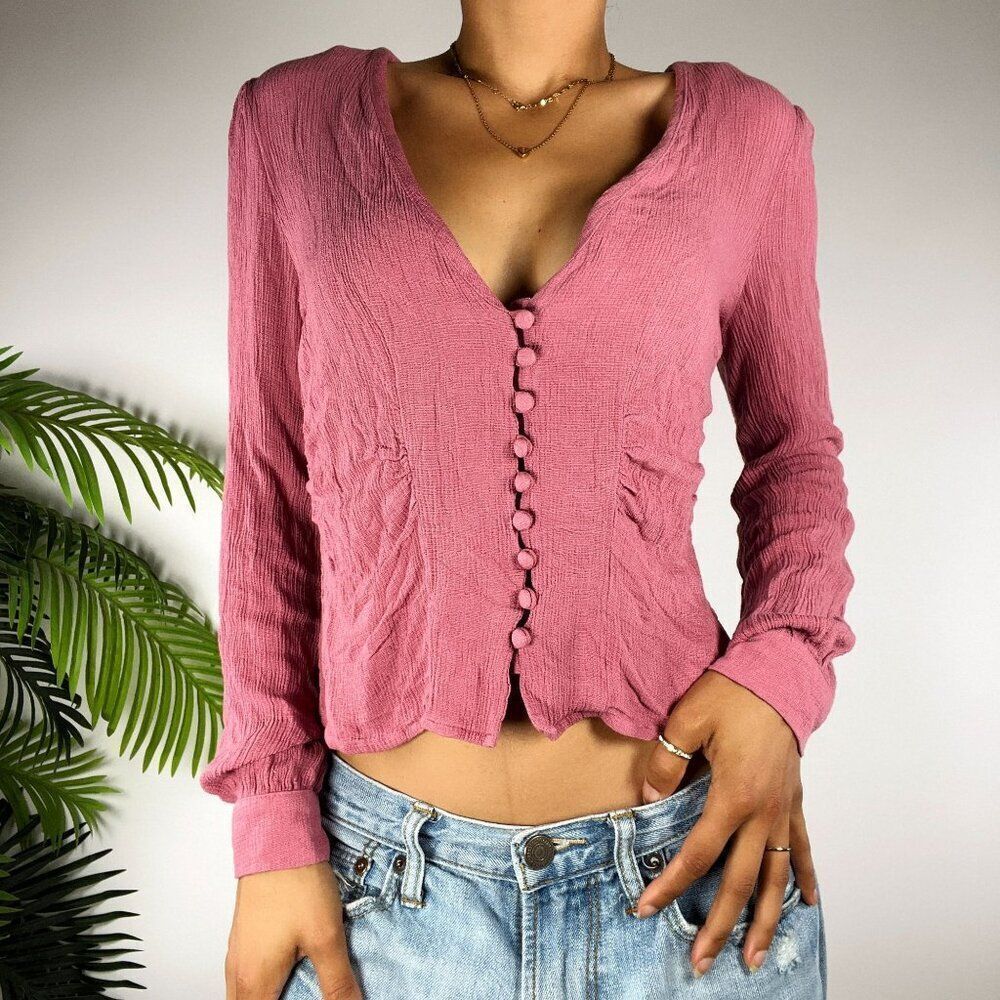 Vintage Free People Mauve Boho Hippie Long Sleeve Prairie Button Up Blouse / S